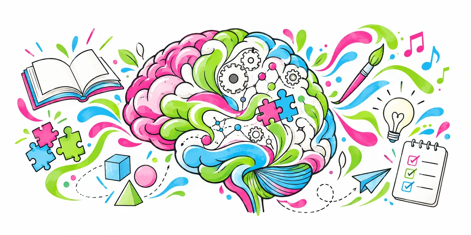 Ilustración del aprendizaje con libros, piezas de puzle y un cerebro en rosa, verde y azul